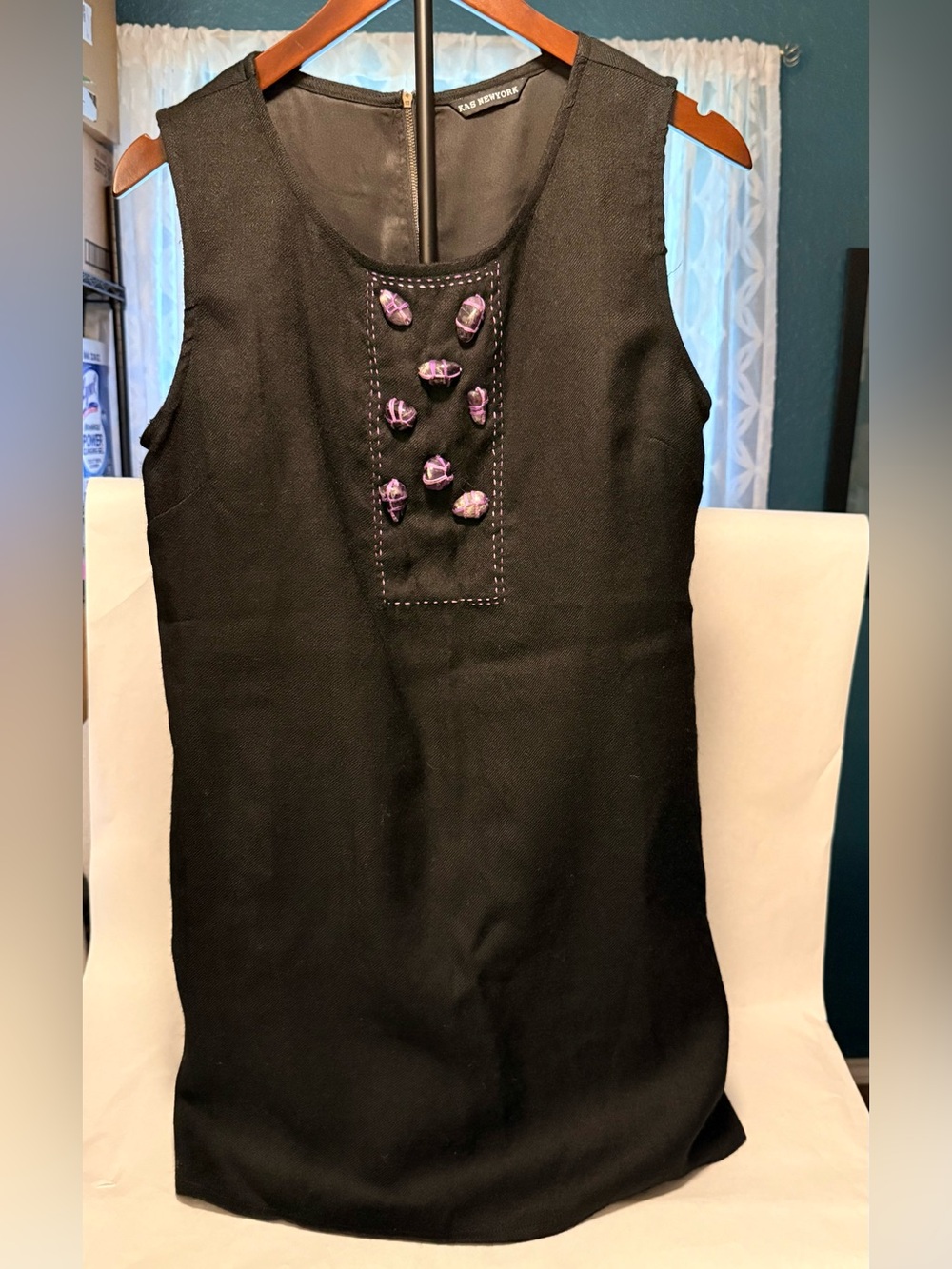 Kas New York Black Sleeveless Dress with Purple Stone Details Size Large (U32)